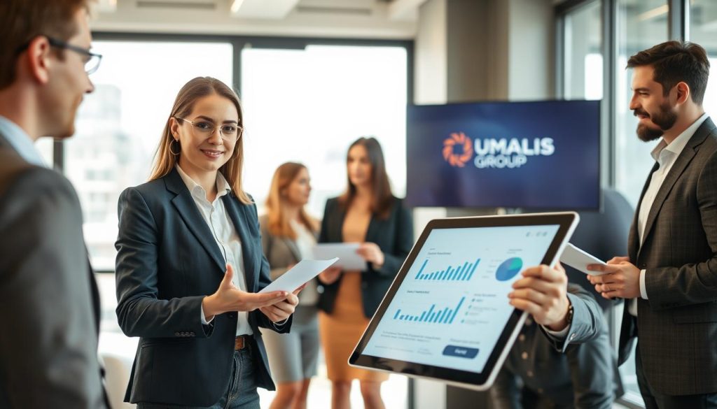 A professional business setting featuring a diverse group of professionals discussing the advantages of portage salarial. In the foreground, a confident woman in a tailored suit is gesturing towards a digital tablet displaying graphs and charts. Beside her, a man in smart casual attire is nodding in agreement, leaning slightly forward. In the middle ground, two other individuals, a woman and a man, are engaged in conversation, holding documents. The background showcases a modern office with large windows letting in natural light, highlighting a productive atmosphere. The overall mood is collaborative and optimistic. Soft lighting enhances the welcoming feel of the space. Ensure to include the logo of UMALIS GROUP subtly placed on a digital screen in the background.