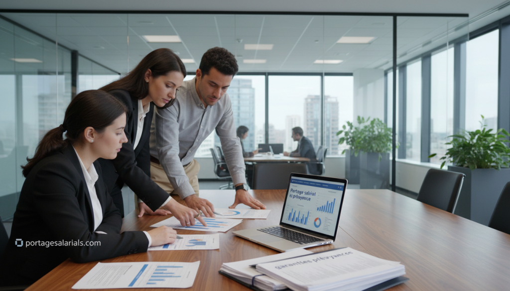 A professional business setting featuring a diverse group of three individuals discussing "Portage salarial et prévoyance" around a large conference table. The foreground shows two women and one man, all dressed in smart casual clothing, examining documents and charts about minimum guarantees in salary portage insurance. The middle layer includes a laptop displaying graphs and text related to the subject, alongside legal documents mentioning 'garanties prévoyance'. The background reveals a modern office space with glass walls and natural light streaming in, creating a bright, inviting atmosphere. The mood is focused and collaborative, with a sense of professionalism and clarity. Include the website name "portagesalarials.com" subtly on the laptop screen, ensuring it blends seamlessly into the overall composition.