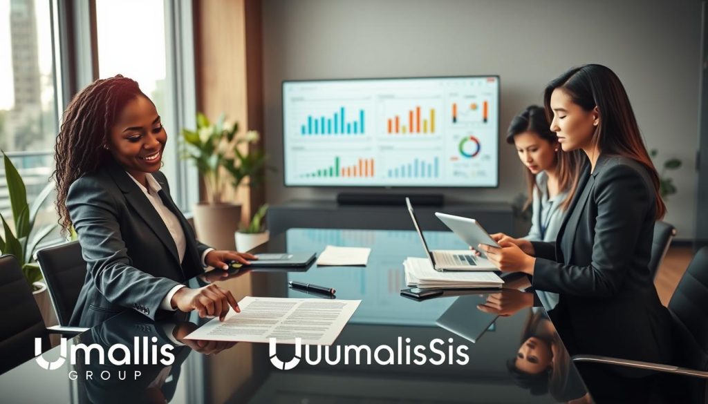 A professional business setting featuring a diverse group of three individuals engaged in a collaborative meeting, highlighting the concepts of service quality and contract clarity. In the foreground, a confident African-American woman in a business suit is pointing to a clear contract on a sleek conference table. Beside her, a Caucasian man in smart attire takes notes, while an Asian woman reviews documents on a laptop. In the middle, the light streams through large windows, illuminating charts and graphs on a screen displaying performance metrics. The background showcases a modern office environment, with plants and contemporary decor. The mood is focused and productive, reflecting professionalism and clarity. The branding "Umalis Group" subtly incorporated into the scene, enhancing the atmosphere of trust and quality service.
