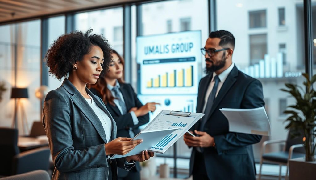 A professional business setting featuring a diverse group of three individuals in smart business attire, engaged in a discussion around financial documents and digital tools. In the foreground, a confident woman reviews charts on a tablet, demonstrating a clear vision of optimized salary management in portage salarial. The middle ground shows a man analyzing financial graphs projected on a screen, showcasing a blend of technology and finance. In the background, an ambiance of modern office decor with glass windows allowing natural light to flood the space, creating a sense of transparency and clarity. Soft, warm lighting enhances the collaborative atmosphere. The brand "UMALIS GROUP" is subtly represented in the environment, adding to the professional theme without drawing attention away from the main subjects.