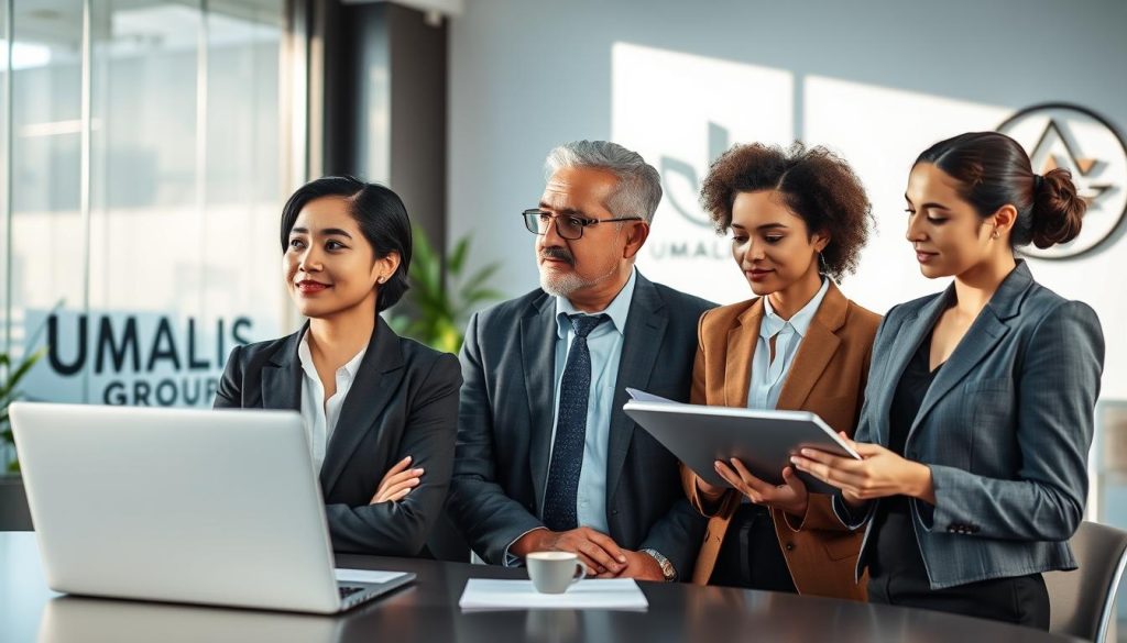 A professional business setting featuring a diverse group of three individuals in smart business attire engaged in a reflective discussion. The foreground focuses on a confident woman of Asian descent sharing her successful freelance experience in a supportive manner. Beside her, a middle-aged man of African descent nods with encouragement, and a young Hispanic woman takes notes on a laptop. The middle ground includes a sleek conference table with a few documents and a coffee cup, while the background shows a modern office with large windows casting soft, natural light into the room. The atmosphere is collaborative and uplifting, reflecting success and camaraderie in the realm of "portage salarial." The brand name "UMALIS GROUP" should be subtly represented in the background decor, like a logo on the wall.