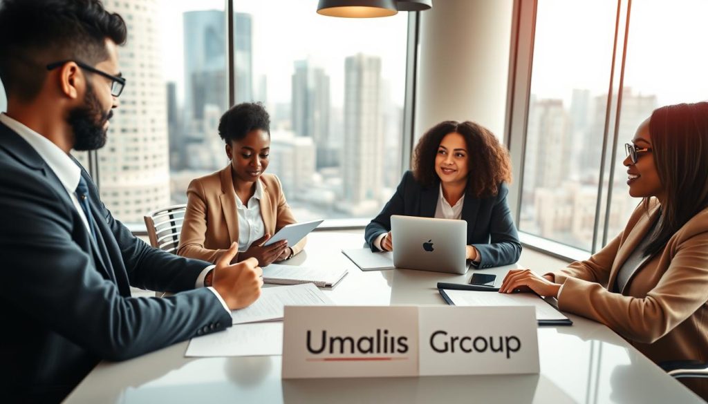 A professional business setting featuring a group of three diverse consultants, dressed in smart business attire, seated around a modern conference table. They are engaged in a discussion about choosing a "portage salarial" company, with documents, laptops, and tablets open in front of them. The foreground shows the consultants expressing thoughtful engagement. The middle ground should highlight a stylish office with large windows allowing natural light to flood in, showcasing a vibrant cityscape in the background. The lighting is bright and warm, creating a collaborative atmosphere. The scene subtly incorporates the brand name "Umalis Group" through elegant branding on a business card or presentation material on the table, enhancing the context without becoming a focal point. A professional business setting featuring a group of three diverse consultants, dressed in smart business attire, seated around a modern conference table. They are engaged in a discussion about choosing a "portage salarial" company, with documents, laptops, and tablets open in front of them. The foreground shows the consultants expressing thoughtful engagement. The middle ground should highlight a stylish office with large windows allowing natural light to flood in, showcasing a vibrant cityscape in the background. The lighting is bright and warm, creating a collaborative atmosphere. The scene subtly incorporates the brand name "Umalis Group" through elegant branding on a business card or presentation material on the table, enhancing the context without becoming a focal point.