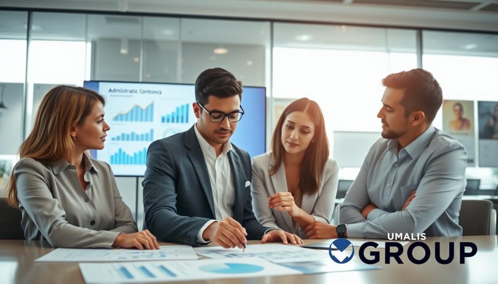 A professional business setting featuring a group of three individuals engaged in a meeting about administrative controls related to vocational training. In the foreground, a diverse group of professionals, dressed in business attire, discusses charts and documents on a table, symbolizing regulatory compliance. The middle ground showcases a large digital screen displaying graphs and data relevant to administrative oversight. In the background, a modern office environment with glass partitions and motivational posters emphasizing professionalism. Soft, natural lighting filters through large windows, creating a calm yet focused atmosphere. The image subtly incorporates the brand name "UMALIS GROUP" on a document visible in the foreground, reinforcing the theme of professional guidance and compliance in the realm of administrative controls and sanctions. A professional business setting featuring a group of three individuals engaged in a meeting about administrative controls related to vocational training. In the foreground, a diverse group of professionals, dressed in business attire, discusses charts and documents on a table, symbolizing regulatory compliance. The middle ground showcases a large digital screen displaying graphs and data relevant to administrative oversight. In the background, a modern office environment with glass partitions and motivational posters emphasizing professionalism. Soft, natural lighting filters through large windows, creating a calm yet focused atmosphere. The image subtly incorporates the brand name "UMALIS GROUP" on a document visible in the foreground, reinforcing the theme of professional guidance and compliance in the realm of administrative controls and sanctions.