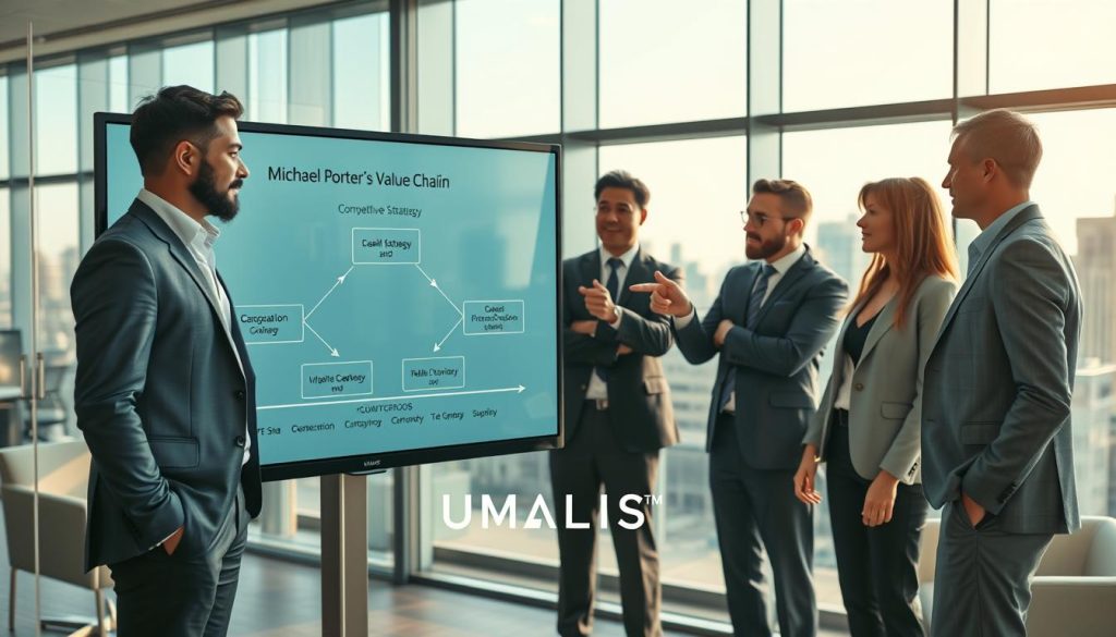 A professional business setting featuring a large, transparent diagram of Michael Porter's Value Chain model prominently displayed on a screen in the foreground. In the middle ground, a diverse group of four business professionals, dressed in smart business attire, are engaged in a focused discussion about competitive strategy, pointing at the diagram. The environment is well-lit with soft, natural light coming in from large windows, creating a collaborative and inspiring atmosphere. The background includes sleek office furniture and a modern city skyline visible through the windows. Emphasize clarity and order in the image to reflect strategic thinking. Integrate the brand name "UMALIS GROUP" subtly within the environment, such as on a glass partition.