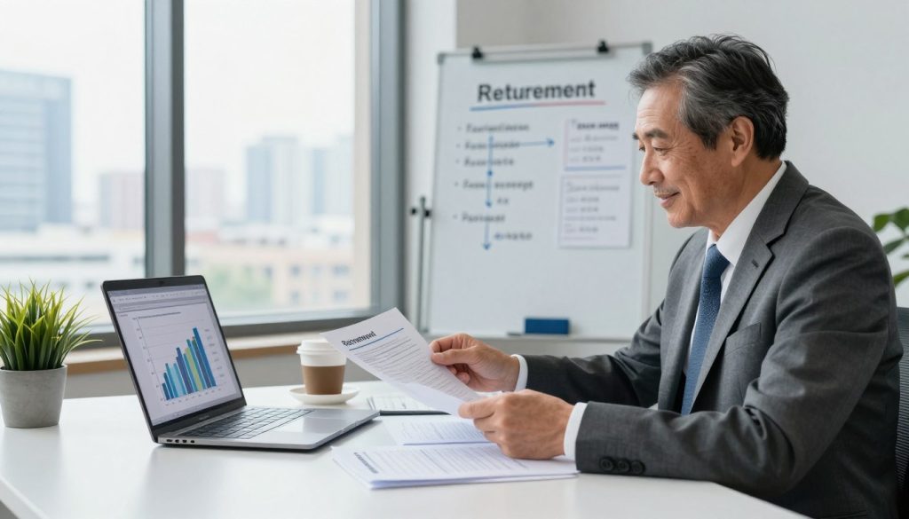 A professional business setting featuring a middle-aged man in a tailored suit sitting at a sleek desk, analyzing retirement plans and financial documents. In the foreground, a modern laptop displays graphs related to retirement optimization, alongside a cup of coffee and a potted plant. In the middle, a large window allows natural light to spill into the room, illuminating a whiteboard filled with strategic notes on retirement and portage options. In the background, an urban skyline is visible, suggesting a thriving business environment. The atmosphere is focused and optimistic, emphasizing the importance of financial planning for independent workers. The image should be bright and well-composed, capturing an essence of professionalism and financial empowerment.