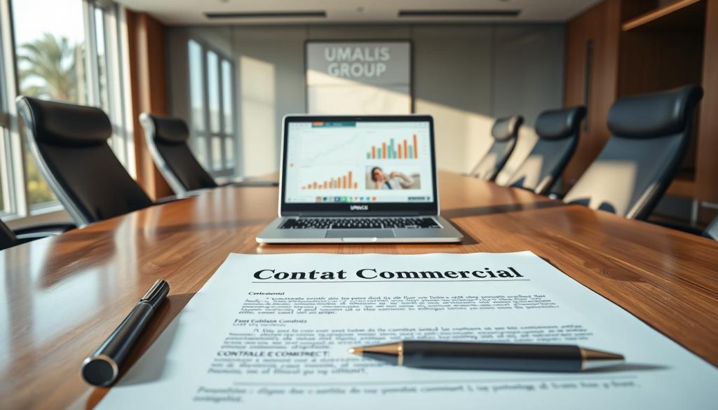 A professional business setting featuring a sleek, modern conference room with a polished wooden table and high-backed ergonomic chairs. In the foreground, a contract document titled "Contrat Commercial" prominently displayed on the table, complemented by a stylish pen. In the middle, an open laptop displays financial graphs and a virtual meeting interface, symbolizing collaboration. In the background, large windows allow natural light to pour in, casting soft shadows and highlighting the contemporary design elements of the room. The atmosphere is focused and professional, with a sense of seriousness about the legal aspects of contractual agreements. Include the brand name "UMALIS GROUP" subtly on the contract document. The lighting is bright and clear, enhancing the sense of clarity and importance of the subject matter.
