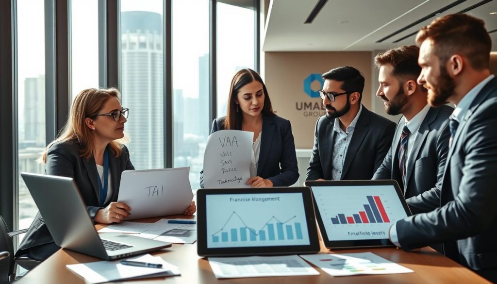 A professional business setting featuring a sleek, modern office with a large glass window revealing a city skyline. In the foreground, a diverse group of three professionals, two men and one woman, are engaged in a discussion, all wearing business attire. They are gathered around a table adorned with financial documents, laptops, and a digital tablet displaying graphs related to VAT and franchise management. In the middle ground, a whiteboard is visible with key terms like "TVA" and "franchise" written in neat handwriting. The lighting is bright and natural, emphasizing a productive atmosphere. The background consists of modern office decor and the logo "UMALIS GROUP" subtly displayed on the wall, reinforcing a professional tone. The scene conveys a sense of collaboration and focus on financial management.