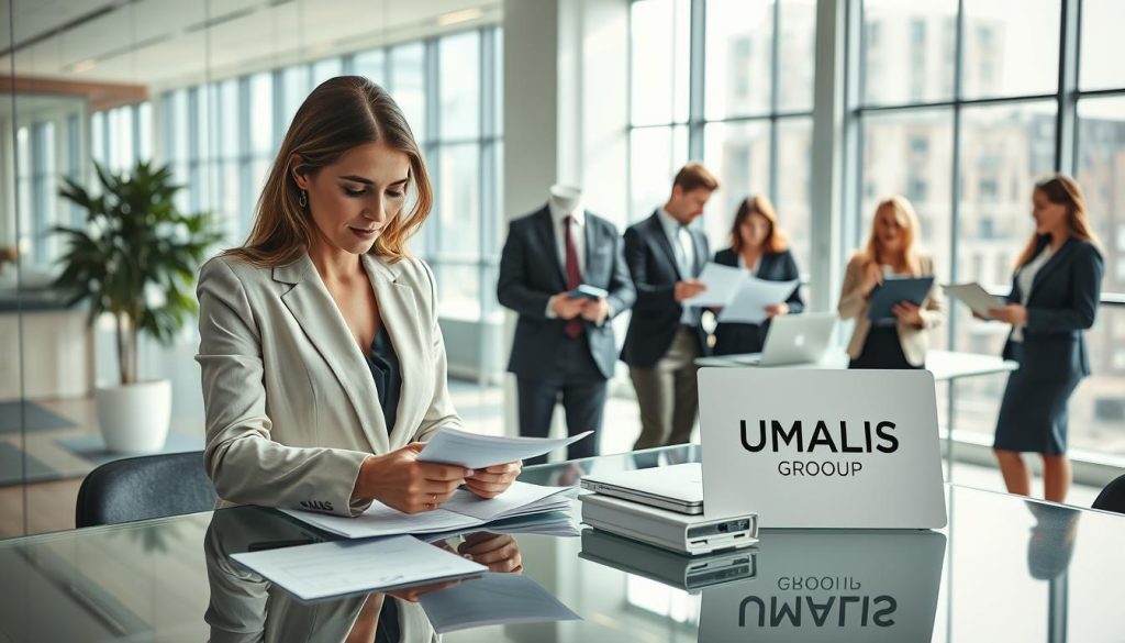A professional business setting featuring a sleek, modern workspace. In the foreground, a elegantly dressed businesswoman examines financial documents on a glass desk, symbolizing the concept of "sécurité sociale" and minimum wage standards. In the middle ground, a diverse group of business professionals in smart attire engage in a collaborative discussion, with papers and laptops open, emphasizing teamwork and financial planning. The background reveals a bright office space with large windows letting in natural light, creating a vibrant atmosphere. Soft shadows add depth, while a warm color palette promotes a positive, optimistic mood. Clearly display the logo of "UMALIS GROUP" on the documents and laptop screens, reinforcing the theme without any textual distractions.
