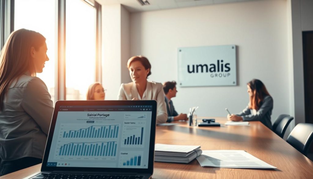 A professional business setting featuring a team of office workers gathered around a conference table, discussing the criteria and compensation details of a salarial portage contract. The scene is bathed in warm, natural lighting that filters through large windows, casting a soft glow on the participants. In the foreground, a laptop displays financial data and legal documents, while in the middle ground, the Umalis Group logo is prominently displayed on a wall plaque. The background showcases a modern, minimalist office space with clean lines and muted colors, conveying a sense of productivity and efficiency. The overall mood is one of collaborative discussion and decision-making around the nuances of salarial portage within the public sector.
