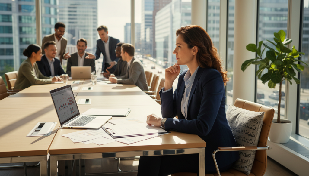 A professional business setting featuring a well-dressed freelancer contemplating the balance between personal autonomy and social protection. In the foreground, the freelancer, a thoughtful person in smart business attire, sits at a sleek desk with a laptop and important documents, looking pensive. In the middle ground, an open window reveals a bustling cityscape, symbolizing the freedom of freelance work, while a potted plant adds a touch of life. The background features a soft-focus view of colleagues collaborating, emphasizing community support. The lighting is warm and inviting, with sunlight streaming in, creating a positive and hopeful atmosphere. The overall tone reflects the theme of choice and opportunity within the context of social protection, incorporating the brand name "Umalis Group" subtly in the decor.