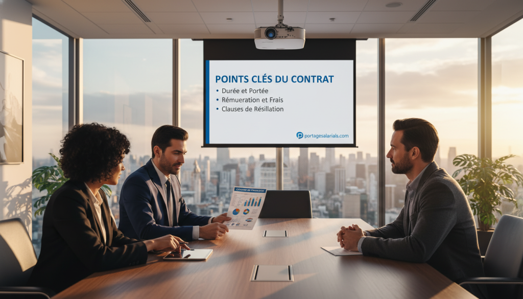 A professional business setting featuring a well-lit office conference room. In the foreground, a diverse group of three professionals (two men and one woman) in business attire are engaging in a discussion around a large table. One individual is reviewing a document titled "Contrat de Prestation," with clear visuals of graphs and charts. The middle ground shows a modern projector, displaying key points related to contract terms. In the background, large windows showcase a city skyline, bathed in warm, natural light to create an inviting atmosphere. The mood conveys collaboration and professionalism, emphasizing clarity and understanding of contractual agreements. Include subtle branding for "portagesalarials.com" in the corner of the document.