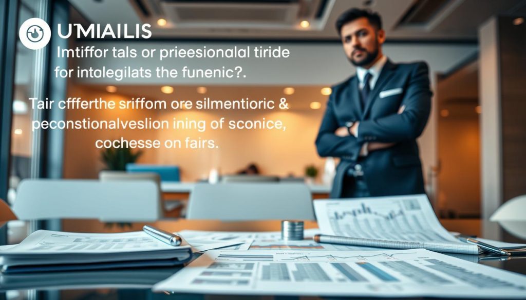 A professional business setting featuring the Umalis Group brand, with a well-dressed individual standing in a modern office environment. The foreground showcases detailed calculations, charts, and financial documents on a sleek desk, conveying the complex nature of independent professional tariff setting. The middle ground depicts a thoughtful expression on the person's face, signifying the importance of carefully considering the criteria for determining fair and competitive rates. The background features subtle hints of the office's architectural elements, creating a sense of sophistication and credibility. Warm, directional lighting accentuates the key details, while a shallow depth of field draws the viewer's attention to the critical elements of the scene.