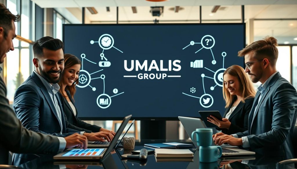 A professional business setting focused on affiliate marketing partnerships. In the foreground, a diverse group of business professionals in smart casual attire collaborates over digital devices, such as laptops and tablets, displaying graphs and charts related to marketing statistics. The middle ground features a large screen showcasing the "UMALIS GROUP" logo, surrounded by icons symbolizing connections and partnerships, like shaking hands and network nodes. In the background, a modern office environment with large windows letting in warm natural light, enhancing the atmosphere of innovation and teamwork. The angle is slightly elevated, highlighting the interaction between the team members, conveying a sense of collaboration and motivation, ideal for illustrating online marketing solutions.