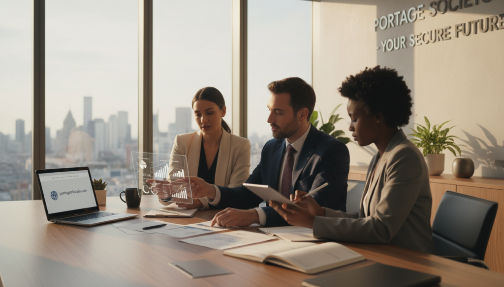 A professional business setting focused on choosing a portage société, featuring a diverse group of three professionals in business attire engaged in discussion around a laptop and documents. In the foreground, a male and female consultant point towards a well-designed chart showcasing transparency metrics, while a third person, a woman of color, takes notes. The middle ground includes a sleek conference table with scattered papers and a modern coffee cup. In the background, a large window displays a cityscape, filled with natural light streaming in, enhancing the atmosphere of collaboration and trust. The scene conveys a sense of expertise, security, and professionalism. Soft lighting with a warm tone creates an inviting mood, embodying the essence of portagesalarials.com. A professional business setting focused on choosing a portage société, featuring a diverse group of three professionals in business attire engaged in discussion around a laptop and documents. In the foreground, a male and female consultant point towards a well-designed chart showcasing transparency metrics, while a third person, a woman of color, takes notes. The middle ground includes a sleek conference table with scattered papers and a modern coffee cup. In the background, a large window displays a cityscape, filled with natural light streaming in, enhancing the atmosphere of collaboration and trust. The scene conveys a sense of expertise, security, and professionalism. Soft lighting with a warm tone creates an inviting mood, embodying the essence of portagesalarials.com.