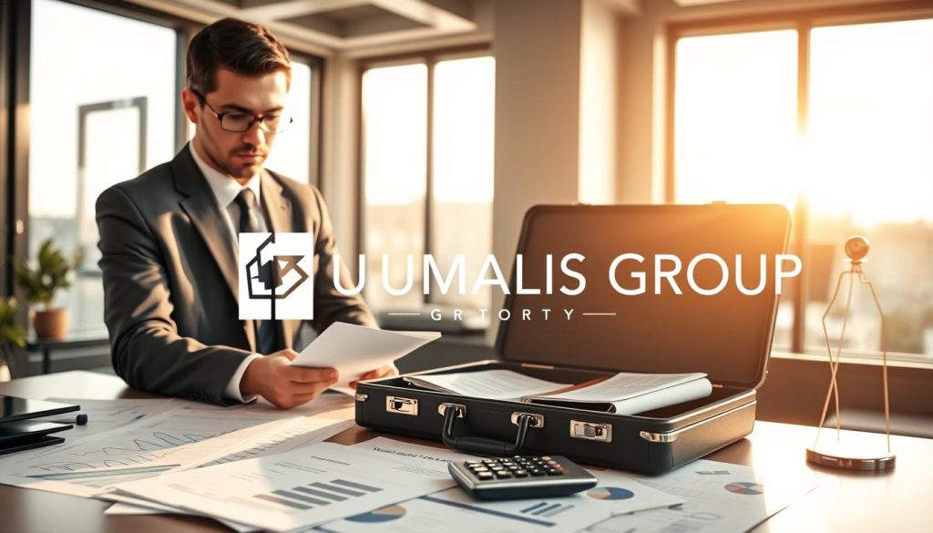 A professional business setting focused on the theme of legal cost support for independent workers. In the foreground, a determined professional in smart business attire reviews financial documents at a desk filled with paperwork, showcasing graphs and calculations. In the middle, an open briefcase with legal texts and a calculator symbolizes the analysis of legal fees. The background features a modern office environment with a large window letting in warm, natural light, creating an uplifting atmosphere. Soft shadows dance across the room, emphasizing a sense of security and diligence. The brand logo “UMALIS GROUP” is subtly integrated into the scene, enhancing the professional tone without drawing attention away from the main elements. A professional business setting focused on the theme of legal cost support for independent workers. In the foreground, a determined professional in smart business attire reviews financial documents at a desk filled with paperwork, showcasing graphs and calculations. In the middle, an open briefcase with legal texts and a calculator symbolizes the analysis of legal fees. The background features a modern office environment with a large window letting in warm, natural light, creating an uplifting atmosphere. Soft shadows dance across the room, emphasizing a sense of security and diligence. The brand logo “UMALIS GROUP” is subtly integrated into the scene, enhancing the professional tone without drawing attention away from the main elements.