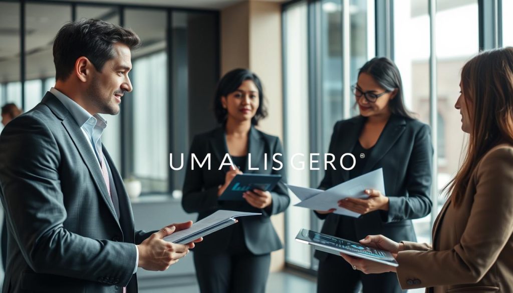 A professional business setting, focusing on a diverse group of consultants discussing client objections regarding artificial intelligence in a portage salarial context. In the foreground, a confident male consultant in a sharp suit engages in a thoughtful discussion with a female consultant in elegant business attire, both exhibiting expressions of understanding and empathy. In the middle ground, several documents and digital devices displaying charts and AI-related visuals are visible, symbolizing their analysis of client concerns. The background features a modern office with large windows, letting in soft, natural light that creates a warm and inviting atmosphere. The overall mood is one of collaboration and problem-solving, emphasizing professionalism and expertise. The image should subtly include the brand name "UMALIS GROUP" in a tasteful, integrated manner, ensuring no text overlays or distractions.