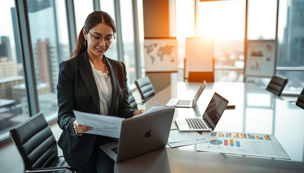 A professional business setting focusing on the theme of "choosing a portage company." Foreground: a confident businesswoman in a smart suit, reviewing documents related to different portage firms, featuring the brand "UMALIS GROUP." Middle ground: a sleek conference table with laptops, papers, and business charts, illustrating analytics on company selection criteria. Background: an office environment with large windows letting in natural light, cityscape view, and a whiteboard filled with strategic notes. The lighting is warm and inviting, creating a productive atmosphere. The scene conveys professionalism, decision-making, and clarity, emphasizing the importance of selecting the right portage company for individual profiles and activities. A professional business setting focusing on the theme of "choosing a portage company." Foreground: a confident businesswoman in a smart suit, reviewing documents related to different portage firms, featuring the brand "UMALIS GROUP." Middle ground: a sleek conference table with laptops, papers, and business charts, illustrating analytics on company selection criteria. Background: an office environment with large windows letting in natural light, cityscape view, and a whiteboard filled with strategic notes. The lighting is warm and inviting, creating a productive atmosphere. The scene conveys professionalism, decision-making, and clarity, emphasizing the importance of selecting the right portage company for individual profiles and activities.