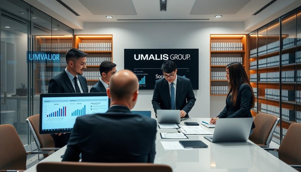 A professional business setting focusing on the verification of social and tax regulations. In the foreground, a diverse group of three business professionals, dressed in smart business attire, are gathered around a modern conference table with laptops, documents, and a tablet displaying official data. The middle ground includes a large screen displaying graphs and infographics related to social and tax rules. The background shows a sleek office environment with glass walls, bookshelves filled with legal texts, and the brand logo "UMALIS GROUP" prominently featured on a wall. Soft, diffused lighting creates a collaborative and focused atmosphere, emphasizing diligence and professionalism. The scene captures the essence of thorough research and compliance assurance in a corporate setting.