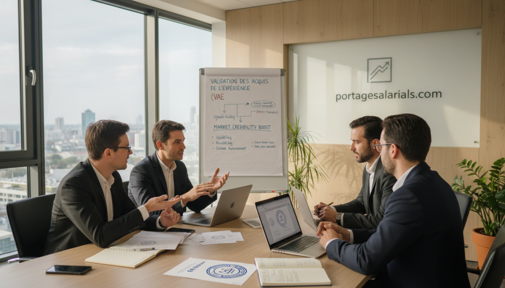 A professional business setting highlighting the theme of "skills development." In the foreground, a diverse group of individuals dressed in professional attire engages in a dynamic discussion around a table, with laptops, notebooks, and documents showing certification logos like Qualiopi. The middle ground features a whiteboard filled with diagrams and bullet points about VAE and market credibility. In the background, large windows let in soft, natural light, creating an inviting atmosphere. The scene captures a sense of collaboration and motivation, emphasizing growth and expertise in a modern office environment. The overall mood is positive and focused, embodying the journey of professional development. Include a subtle reference to the brand name "portagesalarials.com" in the setting, indirectly promoting the advantages of salary portage and training.