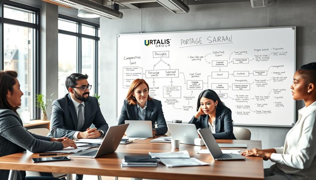 A professional business setting illustrates the concept of "portage salarial." In the foreground, a diverse group of four professionals in business attire engages in a discussion around a large table, with laptops and documents strewn about. They display expressions of focus and collaboration, emphasizing partnership and shared goals. In the middle ground, a whiteboard is filled with charts and flow diagrams that visually explain the principles of portage salarial, incorporating the brand name "UMALIS GROUP." The background features an office environment with modern decor and a large window allowing natural light to flood the scene, creating a welcoming atmosphere. The lighting is bright but softened to enhance clarity, and the angle is slightly elevated, offering an overview of the collaborative workspace. The mood is one of professionalism and innovation as the team navigates the complexities of entrepreneurial collaboration.