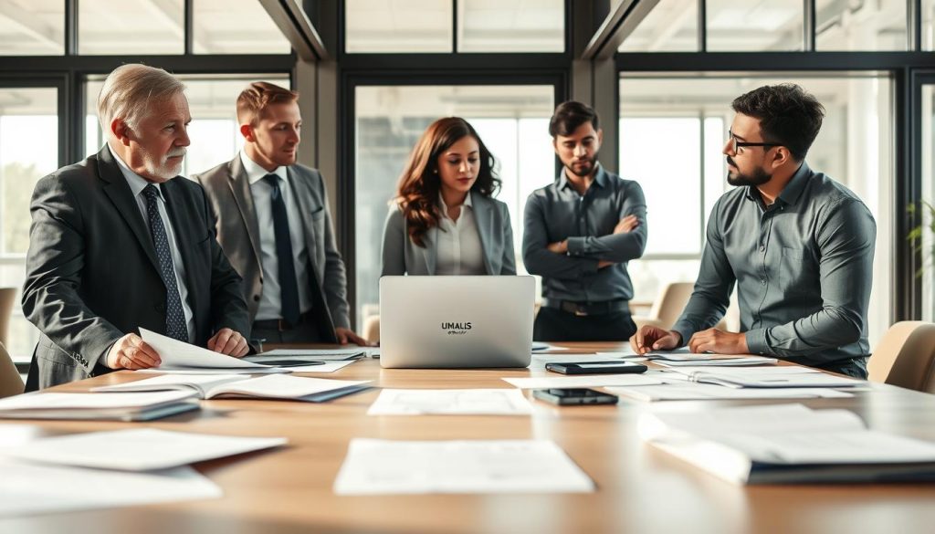 A professional business setting illustrating "Gestion des litiges en portage salarial." In the foreground, a diverse group of three professionals - a middle-aged Caucasian man and a young Black woman in business attire, and a Hispanic man in modest casual clothing, are engaged in a serious discussion, surrounded by documents and a laptop. In the middle, a large conference table is strewn with files and a laptop, emphasizing the atmosphere of collaboration and problem-solving. The background features a modern office interior with large windows allowing natural light to flood in, casting soft shadows. The overall mood is focused and serious, reflecting the theme of conflict resolution and professionalism. Branding inclusion: a small logo of "UMALIS GROUP" subtly placed on the conference table.