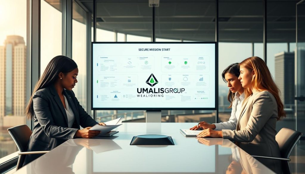 A professional business setting illustrating "Secure Mission Start". In the foreground, a diverse group of three business professionals—a Black woman, a Middle-Eastern man, and a Hispanic woman—gathers around a sleek conference table, reviewing documents and discussing plans, all dressed in smart business attire. The middle ground features a large digital screen displaying flowcharts and project milestones, symbolizing the decision-making process. The background includes large windows with a view of a modern cityscape bathed in soft, natural light, enhancing the atmosphere of focus and collaboration. The setting conveys a mood of professionalism and determination, reflecting the importance of securing project initiation in a complex decision cycle. The UMALIS GROUP logo is subtly incorporated into the digital screen design.