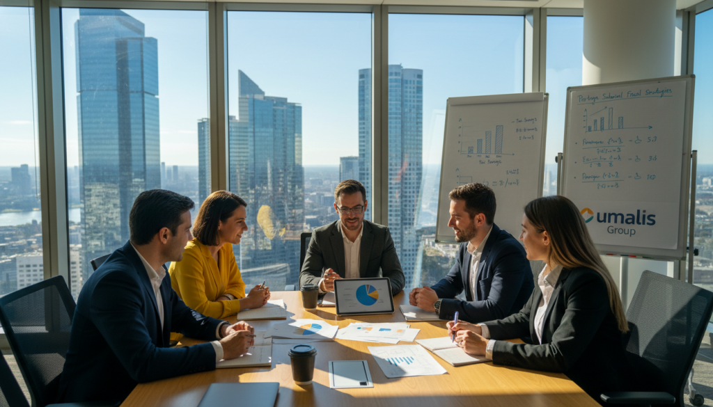 A professional business setting illustrating "fiscal optimization in portage salarial." In the foreground, a diverse group of business professionals dressed in smart casual attire, engaged in a discussion around a table with charts and financial documents, representing analytical strategies for tax optimization. In the middle ground, a large window with cityscape views, with natural light filtering in, creating a warm, inviting atmosphere. Background elements include a whiteboard filled with graphs and tax strategies, symbolizing planning and analysis. The overall mood should evoke a sense of collaboration and empowerment, reflecting the benefits of smart financial decisions. Incorporate the brand name "Umalis Group" subtly in the environment, perhaps on a notepad or folder.