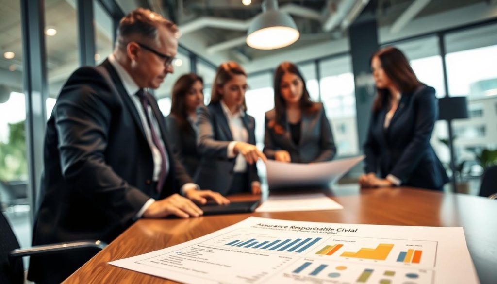 A professional business setting illustrating "fonctionnement couverture portage salarial" featuring a diverse group of consultants in professional attire gathered around a conference table. In the foreground, focus on a detailed document titled "Assurance Responsabilité Civile", with graphs and charts visible. In the middle, the consultants are engaged in discussion, with one pointing at the document, showcasing collaboration. The background features a modern office with large windows letting in natural light, creating a warm and inviting atmosphere. Use a soft focus lens effect to emphasize the consultants while keeping the office setting in the background. The lighting should be bright yet comforting, conveying a sense of professionalism and teamwork. Include subtle branding elements of "UMALIS GROUP" in the office decor for a cohesive look.