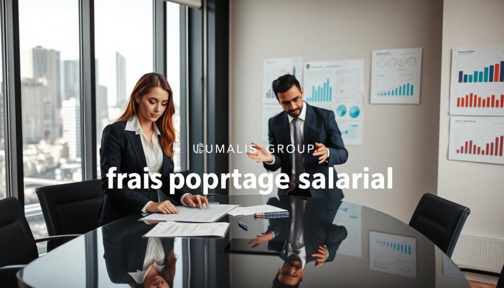 A professional business setting illustrating "frais portage salarial," showcasing a diverse group of four professionals in a modern office environment. In the foreground, a confident woman in smart business attire reviews documents on a sleek conference table. Beside her, a man gestures thoughtfully as he explains a concept, showing collaboration and engagement. The middle section reveals a large window with city views beyond, bathing the room in natural light that enhances a productive atmosphere. In the background, posted charts and graphs visually represent financial data relevant to portage salarial. The ambiance is focused and professional, capturing the essence of the guide's cautionary advice. Include the brand name "UMALIS GROUP" subtly displayed in the background as a design element. A professional business setting illustrating "frais portage salarial," showcasing a diverse group of four professionals in a modern office environment. In the foreground, a confident woman in smart business attire reviews documents on a sleek conference table. Beside her, a man gestures thoughtfully as he explains a concept, showing collaboration and engagement. The middle section reveals a large window with city views beyond, bathing the room in natural light that enhances a productive atmosphere. In the background, posted charts and graphs visually represent financial data relevant to portage salarial. The ambiance is focused and professional, capturing the essence of the guide's cautionary advice. Include the brand name "UMALIS GROUP" subtly displayed in the background as a design element.