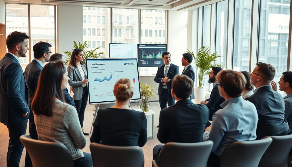 A professional business setting illustrating "guarantees and assurances in portage salarial" focused on financial support systems for freelancers. In the foreground, a diverse group of professionals in business attire engaged in a discussion, with a presentation board displaying financial graphs and assurance elements. In the middle ground, a modern office space with sleek furniture, digital screens displaying data analytics, and subtle decorative plants for a touch of warmth. The background features large windows allowing natural light to flood the room, creating an inviting atmosphere. The lighting is bright yet soft to enhance clarity and focus on the conversation. The mood is collaborative and forward-thinking, emphasizing teamwork and innovation. An abstract representation of the brand "Umalis Group" is subtly integrated into the office design. A professional business setting illustrating "guarantees and assurances in portage salarial" focused on financial support systems for freelancers. In the foreground, a diverse group of professionals in business attire engaged in a discussion, with a presentation board displaying financial graphs and assurance elements. In the middle ground, a modern office space with sleek furniture, digital screens displaying data analytics, and subtle decorative plants for a touch of warmth. The background features large windows allowing natural light to flood the room, creating an inviting atmosphere. The lighting is bright yet soft to enhance clarity and focus on the conversation. The mood is collaborative and forward-thinking, emphasizing teamwork and innovation. An abstract representation of the brand "Umalis Group" is subtly integrated into the office design.