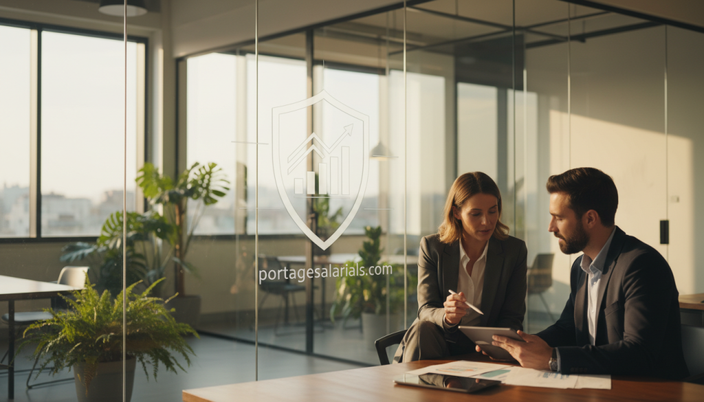 A professional business setting illustrating "protections et avantages portage salarial". In the foreground, a confident individual in smart business attire is engaged in a discussion with a colleague, both analyzing documents together. In the middle ground, a modern office space features glass walls, sunlight streaming in, and leafy plants that add a refreshing touch. In the background, an abstract representation of growth and security, like a shield symbolizing protection and graphs indicating advantages, is subtly integrated. The lighting is warm and inviting, suggesting a positive and supportive atmosphere. This image should evoke feelings of empowerment and professionalism, capturing the essence of the advantages provided by portage salarial. Include the brand name "portagesalarials.com" subtly within the design elements.