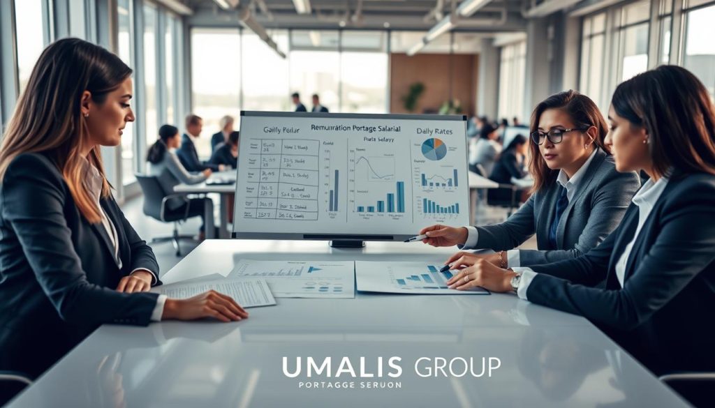 A professional business setting illustrating "rémunération portage salarial." In the foreground, a diverse group of three business professionals—two women and one man—discussing a financial report on a sleek modern conference table, all dressed in smart business attire. In the middle, a whiteboard filled with charts and graphs depicting salary calculations and daily rates (TJM). Soft natural light filters through large windows, creating a warm and inviting atmosphere. In the background, subtle hints of a bustling office environment can be seen, with colleagues working at desks, representing the dynamic nature of portage salarial practitioners. The branding "UMALIS GROUP" integrated seamlessly into the office decor, emphasizing the theme of career stability and professional growth.