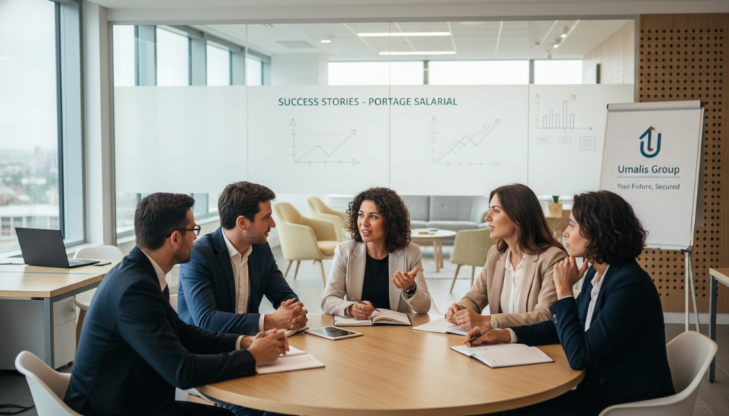 A professional business setting illustrating testimonials in "portage salarial". In the foreground, a diverse group of individuals in business attire are engaged in a collaborative discussion, intently listening and sharing experiences. The middle ground features a modern office space with large windows allowing natural light to illuminate the room, enhancing a sense of openness and professionalism. In the background, blurred but recognizable elements like charts on a whiteboard and a cozy seating area foster an atmosphere of creativity and support. The lighting is warm and inviting, creating a positive ambiance. The image subtly incorporates the logo of "Umalis Group" into the decor. Overall, the scene conveys a mood of teamwork, support, and empowerment in the realm of professional freelancing and social security. A professional business setting illustrating testimonials in "portage salarial". In the foreground, a diverse group of individuals in business attire are engaged in a collaborative discussion, intently listening and sharing experiences. The middle ground features a modern office space with large windows allowing natural light to illuminate the room, enhancing a sense of openness and professionalism. In the background, blurred but recognizable elements like charts on a whiteboard and a cozy seating area foster an atmosphere of creativity and support. The lighting is warm and inviting, creating a positive ambiance. The image subtly incorporates the logo of "Umalis Group" into the decor. Overall, the scene conveys a mood of teamwork, support, and empowerment in the realm of professional freelancing and social security.