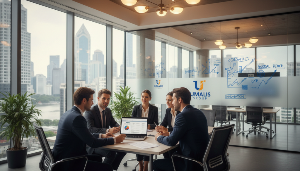 A professional business setting illustrating the advantages of "portage salarial." In the foreground, a diverse group of men and women in professional business attire, engaging in discussion while looking at a laptop and documents. They appear confident and collaborative, embodying teamwork and success. In the middle, a modern office space with large windows allowing natural light to flood the scene, showcasing a cityscape outside. Soft, warm lighting enhances the atmosphere, creating an inspiring and productive mood. In the background, a large whiteboard displays charts and graphs, emphasizing growth and innovation. The Umalis Group logo subtly integrated into the office decor, reinforcing the theme of career security and international opportunities.