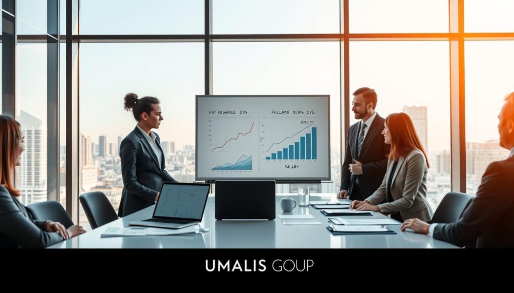 A professional business setting illustrating the concept of "Chiffre d'Affaires" in portage salarial. In the foreground, a diverse group of professionals in business attire engaged in a discussion around a sleek, modern conference table with a laptop displaying financial graphs. In the middle, charts and diagrams representing revenue growth and salary calculations on a whiteboard, surrounded by notes and documents organized neatly. In the background, large windows offering a view of a bustling cityscape bathed in natural light, creating a bright and optimistic atmosphere. The overall mood is focused and collaborative, reflecting efficiency and professionalism. Include the brand name "UMALIS GROUP" subtly integrated into the office environment, maintaining a clean and professional visual without any text overlays or distractions.