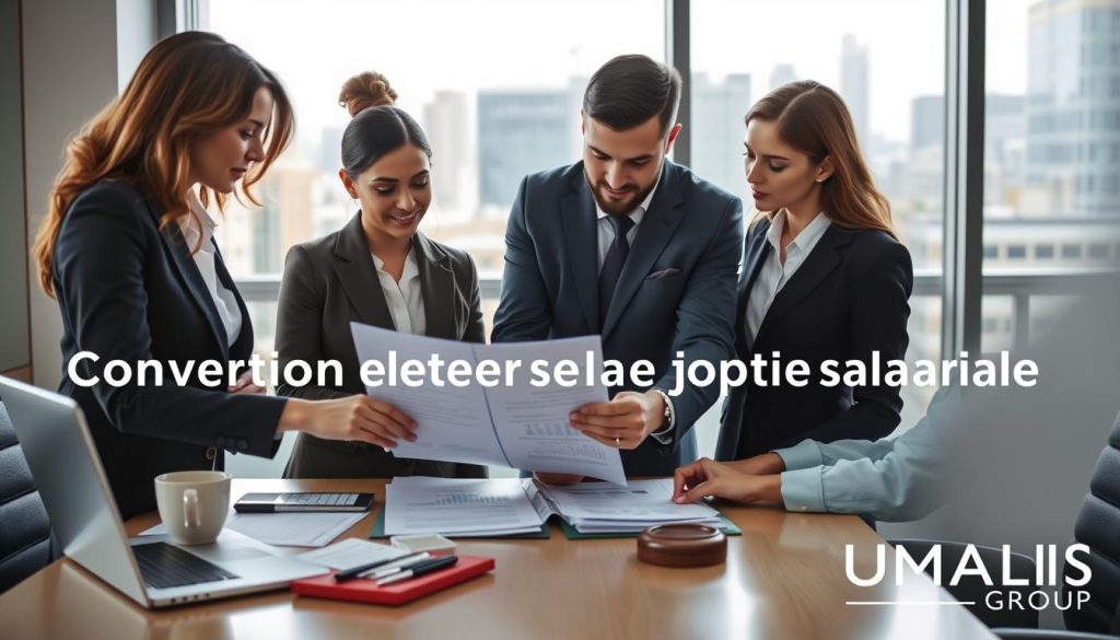 A professional business setting illustrating the concept of 'Convention collective portage salarial'. In the foreground, a diverse group of three individuals in formal business attire—two women and one man—are engaged in discussion over a document, symbolizing collective agreements. In the middle ground, a modern office desk with a laptop, financial reports, and a coffee cup reflects a busy yet organized workspace. The background features a large window with cityscape views, allowing natural light to illuminate the scene, enhancing clarity and focus. The mood conveys professionalism, collaboration, and a strong sense of legal grounding. Subtle branding elements of "UMALIS GROUP" are integrated into the environment, ensuring a cohesive representation without text or logos disrupting the scene.