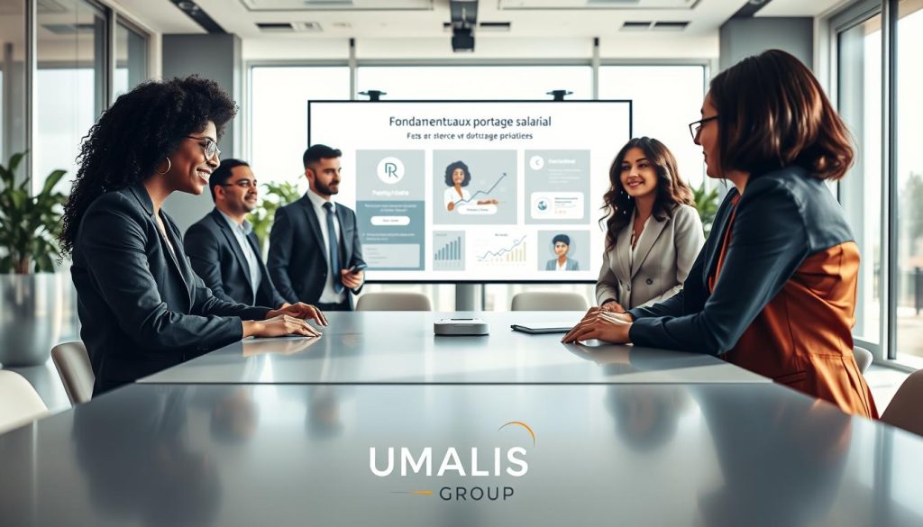 A professional business setting illustrating the concept of "Fondamentaux portage salarial." In the foreground, a diverse group of three professionals—one Black woman, one Caucasian man, and one Asian woman—are engaged in a dynamic discussion around a sleek, modern conference table. They are dressed in business attire, conveying professionalism and collaboration. In the middle ground, a large presentation screen displays visual elements representing freelance work, contracts, and data analytics, symbolizing the essence of portage salarial. The background features a bright, open office space with large windows letting in natural light, creating an inviting atmosphere. Soft shadows add depth, and the overall mood is one of empowerment and teamwork. Incorporate the branding of "UMALIS GROUP" subtly within the office design.