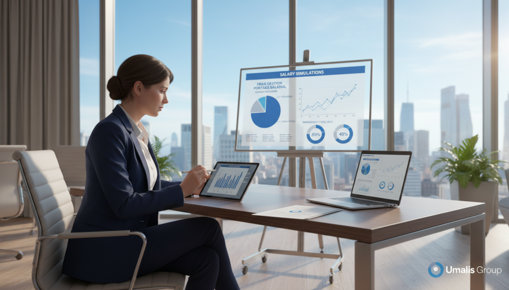 A professional business setting illustrating the concept of "Frais gestion portage salarial" and "charges sociales." In the foreground, a confident businesswoman in professional attire reviews documents on a sleek, modern desk; she looks thoughtful and engaged. In the middle ground, a graph showing salary simulations and pie charts depicting management fees is prominently displayed. In the background, a large window offers a city skyline view with clear blue skies, suggesting an optimistic atmosphere. Soft natural lighting illuminates the scene, creating an inviting and informative mood. The brand name "Umalis Group" is subtly represented through a logo on a document or laptop. The overall composition conveys clarity, professionalism, and understanding of the financial themes discussed. A professional business setting illustrating the concept of "Frais gestion portage salarial" and "charges sociales." In the foreground, a confident businesswoman in professional attire reviews documents on a sleek, modern desk; she looks thoughtful and engaged. In the middle ground, a graph showing salary simulations and pie charts depicting management fees is prominently displayed. In the background, a large window offers a city skyline view with clear blue skies, suggesting an optimistic atmosphere. Soft natural lighting illuminates the scene, creating an inviting and informative mood. The brand name "Umalis Group" is subtly represented through a logo on a document or laptop. The overall composition conveys clarity, professionalism, and understanding of the financial themes discussed.