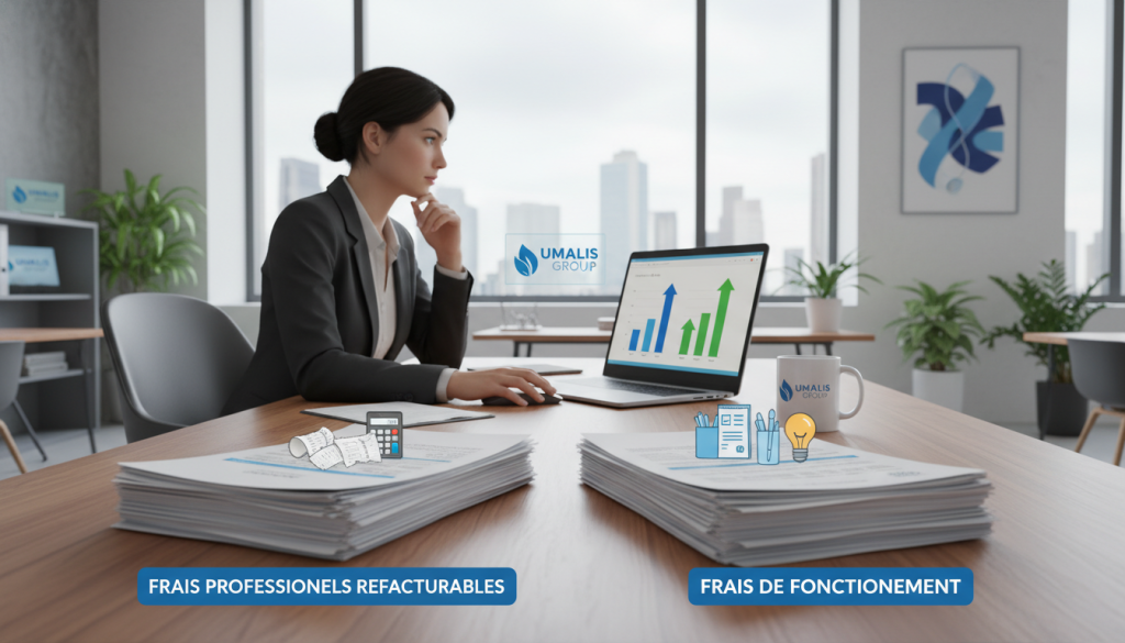 A professional business setting illustrating the concept of "Frais professionnels refacturables vs frais de fonctionnement". In the foreground, two distinct piles of documents labeled with icons, one representing billable professional expenses (like a calculator and receipts), the other representing operational costs (such as utility bills and office supplies). In the middle ground, a business professional in smart attire is analyzing the documents, looking thoughtfully at a laptop screen displaying graphs. The background features a modern office environment with large windows allowing soft, natural light to fill the space, creating an inspiring atmosphere. Emphasize clarity and organization to convey the importance of understanding these financial concepts. The presence of the brand "Umalis Group" subtly integrated within the office environment, such as on a coffee mug or in decor. A professional business setting illustrating the concept of "Frais professionnels refacturables vs frais de fonctionnement". In the foreground, two distinct piles of documents labeled with icons, one representing billable professional expenses (like a calculator and receipts), the other representing operational costs (such as utility bills and office supplies). In the middle ground, a business professional in smart attire is analyzing the documents, looking thoughtfully at a laptop screen displaying graphs. The background features a modern office environment with large windows allowing soft, natural light to fill the space, creating an inspiring atmosphere. Emphasize clarity and organization to convey the importance of understanding these financial concepts. The presence of the brand "Umalis Group" subtly integrated within the office environment, such as on a coffee mug or in decor.