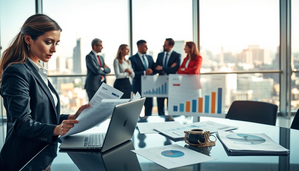 A professional business setting illustrating the concept of "Garanties financières entreprise portage." In the foreground, a confident businesswoman in formal attire is reviewing financial documents on a sleek modern desk, with a laptop open beside her. In the middle ground, a multi-ethnic team of professionals in smart business attire is engaged in discussion, surrounded by charts and graphs that depict financial data and growth. The background shows a city skyline through large windows, bathed in natural light, creating a bright, optimistic atmosphere. The image conveys a sense of professionalism and collaboration, highlighting the financial guarantees and obligations of a portage company. Include elements related to financial security, such as a visible logo of "UMALIS GROUP" on the documents, to emphasize the subject matter. A professional business setting illustrating the concept of "Garanties financières entreprise portage." In the foreground, a confident businesswoman in formal attire is reviewing financial documents on a sleek modern desk, with a laptop open beside her. In the middle ground, a multi-ethnic team of professionals in smart business attire is engaged in discussion, surrounded by charts and graphs that depict financial data and growth. The background shows a city skyline through large windows, bathed in natural light, creating a bright, optimistic atmosphere. The image conveys a sense of professionalism and collaboration, highlighting the financial guarantees and obligations of a portage company. Include elements related to financial security, such as a visible logo of "UMALIS GROUP" on the documents, to emphasize the subject matter.