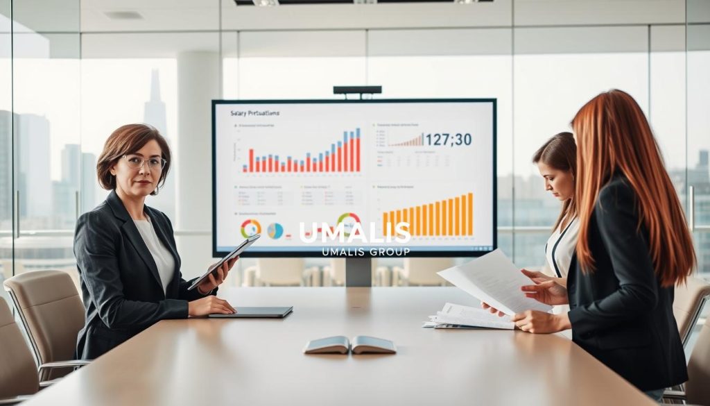 A professional business setting illustrating the concept of "Limits of a Salary Portage Simulation." In the foreground, a diverse group of three business people in smart attire, including a woman with short hair in a tailored blazer, a man with glasses holding a tablet, and a woman with long hair reviewing documents, all collaborating around a modern conference table. In the middle, a large screen displays colorful graphs and charts related to salary simulations and limitations. The background features a well-lit office environment with glass walls and city skyline views, creating a sense of transparency and professionalism. Soft, natural lighting enhances the atmosphere, giving it a productive and focused mood. "UMALIS GROUP" logo subtly integrated into the screen without text overlays or distractions.