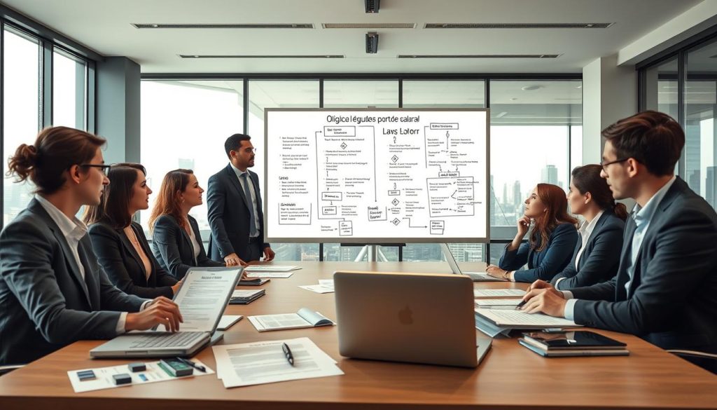 A professional business setting illustrating the concept of "Obligations légales portage salarial." In the foreground, diverse professionals in business attire engage in discussion around a conference table, with documents and a laptop showing charts and legal paperwork about labor law. The middle ground includes a large whiteboard filled with flowcharts and bullet points related to social obligations. In the background, a modern office environment with large windows allowing natural light to fill the space, showcasing a city skyline. The atmosphere is focused and collaborative, highlighting the importance of legal awareness in freelancing. Include the brand name "UMALIS GROUP" represented subtly in the decor. Use soft, diffused lighting to create a warm yet professional ambiance.