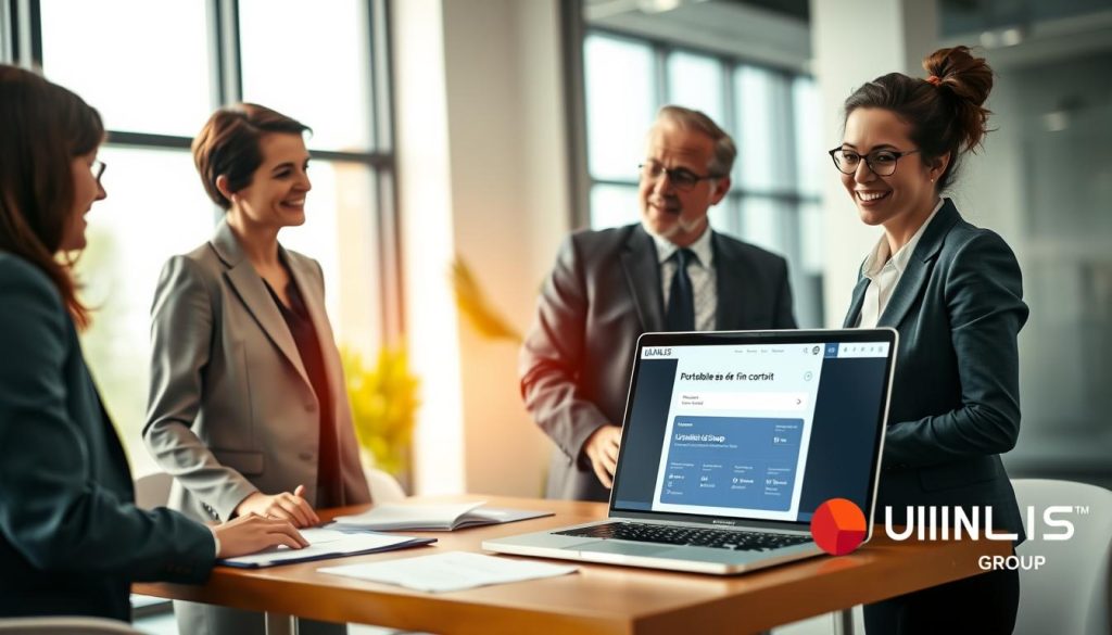 A professional business setting illustrating the concept of "Portabilité mutuelle après fin contrat". In the foreground, depict a diverse group of four professionals, including a middle-aged woman in a smart blazer, a young man in a neatly pressed shirt, an older man wearing glasses, and a businesswoman with a confident smile, all engaged in discussions. In the middle ground, showcase a table filled with documents and a laptop displaying a digital application for mutual insurance porting. The background features a modern office with large windows allowing natural light to stream in, creating a warm and inviting atmosphere. The focus is sharp with a slight blur in the background, resembling a depth-of-field effect. Ensure to include subtle branding for "UMALIS GROUP" integrated into the office environment, enhancing the theme of professional growth and support in navigating contract transitions.