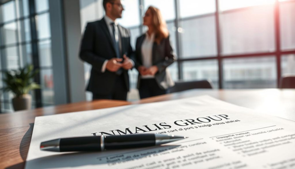 A professional business setting illustrating the concept of a "contrat CDI portage salarial." In the foreground, a close-up of a formal contract document featuring the brand name "UMALIS GROUP" prominently displayed, with a pen resting beside it. In the middle ground, two professionals dressed in business attire are engaged in a discussion, highlighting collaboration and negotiation. The background includes a modern office environment with large windows allowing natural light to flood the space, creating a bright and optimistic atmosphere. Soft shadows play across the scene, suggesting a warm, inviting mood. The composition should convey professionalism, clarity, and focus on the nuances of employment contracts, with crisp details and balanced light to enhance the importance of the subject matter.
