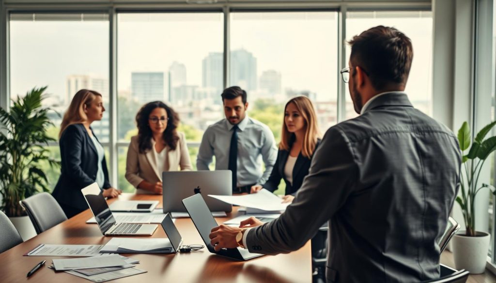 A professional business setting illustrating the concept of client development in portage salarial. In the foreground, a diverse group of professionals, including a woman in a smart blazer and a man in a crisp shirt, are engaged in a focused discussion around a conference table strewn with laptops and business documents. In the middle ground, a large window reveals a cityscape, suggesting a thriving business environment. The background features greenery, symbolizing growth and opportunity. Soft, warm lighting enhances the mood of collaboration and professionalism, while a slightly elevated angle provides a dynamic perspective of the interaction, portraying an atmosphere of productivity and ambition.