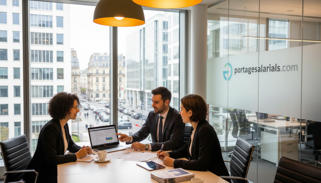 A professional business setting illustrating the concept of “conditions salarié porté” in France. In the foreground, a diverse group of three professionals, a man and two women, are engaged in discussion around a table with a laptop and papers. They are dressed in smart business attire, exuding competence and collaboration. The middle ground features a large window letting in natural light, with a view of a bustling cityscape representing corporate life. In the background, soft-focus images of office buildings and blurred figures engaging in business activities. The mood is optimistic and dynamic, embodying professionalism and teamwork, highlighting the opportunities of becoming a salarié porté. Overhead, warm lighting enhances the welcoming atmosphere. Include a subtle reference to portagesalarials.com in the background for branding.