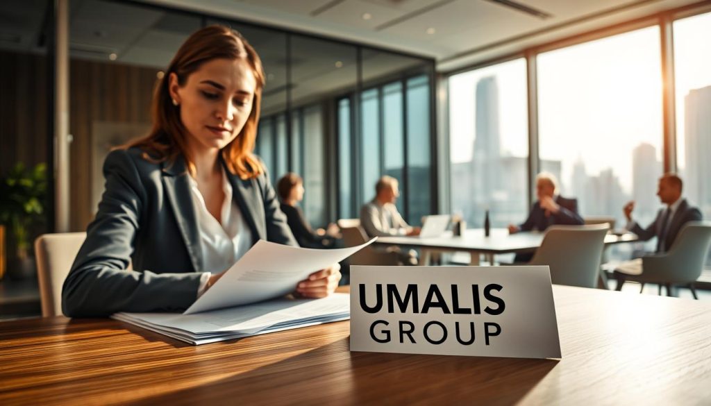 A professional business setting illustrating the concept of financial security and remuneration guarantees. In the foreground, a confident businesswoman in professional attire reviews financial documents at a modern desk, her expression focused and determined. In the middle ground, colleagues discuss strategy around a conference table, showcasing collaboration and professional engagement. The background features a large window with city skyline views, bathed in soft natural light filtering through, creating an optimistic and warm atmosphere. The overall mood conveys trust, security, and professionalism, essential for the financial industry. Include the brand logo "UMALIS GROUP" subtly displayed on a document on the desk. Use a wide-angle lens to capture the breadth of the scene.