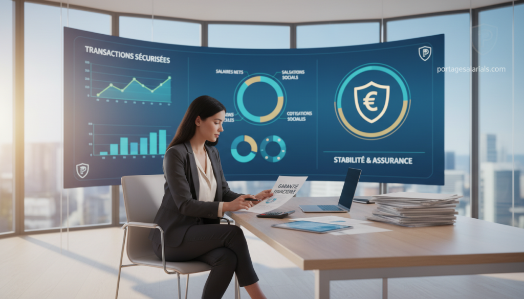 A professional business setting illustrating the concept of "garantie financière." In the foreground, a confident businesswoman in smart attire is reviewing documents at a sleek desk filled with financial reports and a calculator. The middle ground features charts and graphs displayed on a large screen, depicting secure financial transactions, salary allocations, and social contributions, suggesting stability and assurance. In the background, soft lighting highlights a modern office environment with large windows letting in natural light, symbolizing transparency. The atmosphere is one of professionalism and security, embodying the essence of financial guarantees in salary arrangements. The scene subtly incorporates branding elements of portagesalarials.com, reinforcing the theme of financial protection and support in the context of employment.