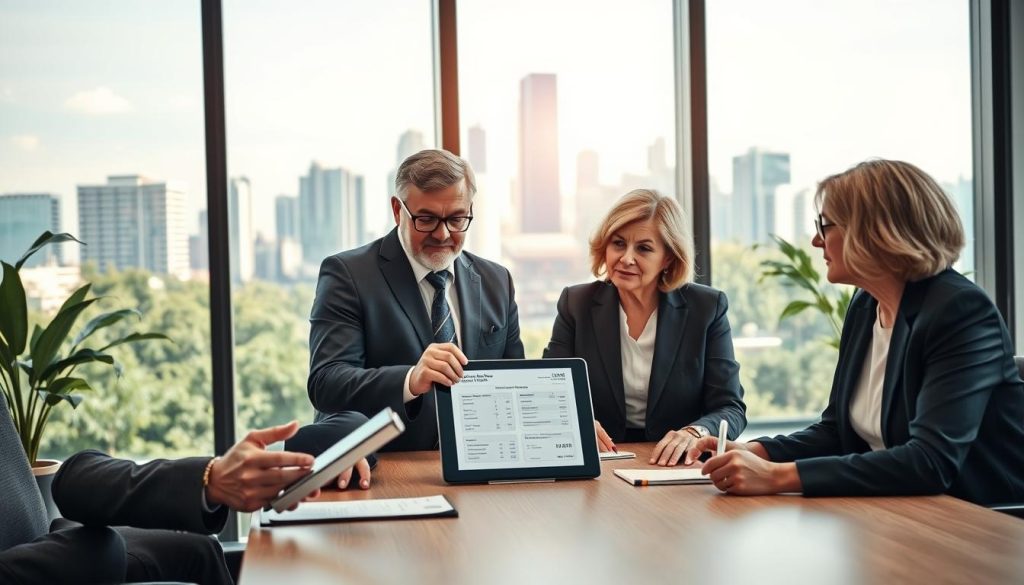A professional business setting illustrating the concept of gradual retirement checks, featuring a diverse group of three individuals engaged in a discussion around a modern conference table. In the foreground, a middle-aged man in a smart suit holds a digital tablet showing retirement plans, while a mature woman in business attire takes notes. The middle ground captures a vibrant city skyline through large glass windows, suggestive of a bustling future. The background includes a softly lit boardroom filled with greenery, exuding a calming, productive atmosphere. Bright, natural lighting filters in, creating a sense of hope and clarity. The scene should reflect professionalism and the forward-thinking nature of UMALIS GROUP without any text or logos.