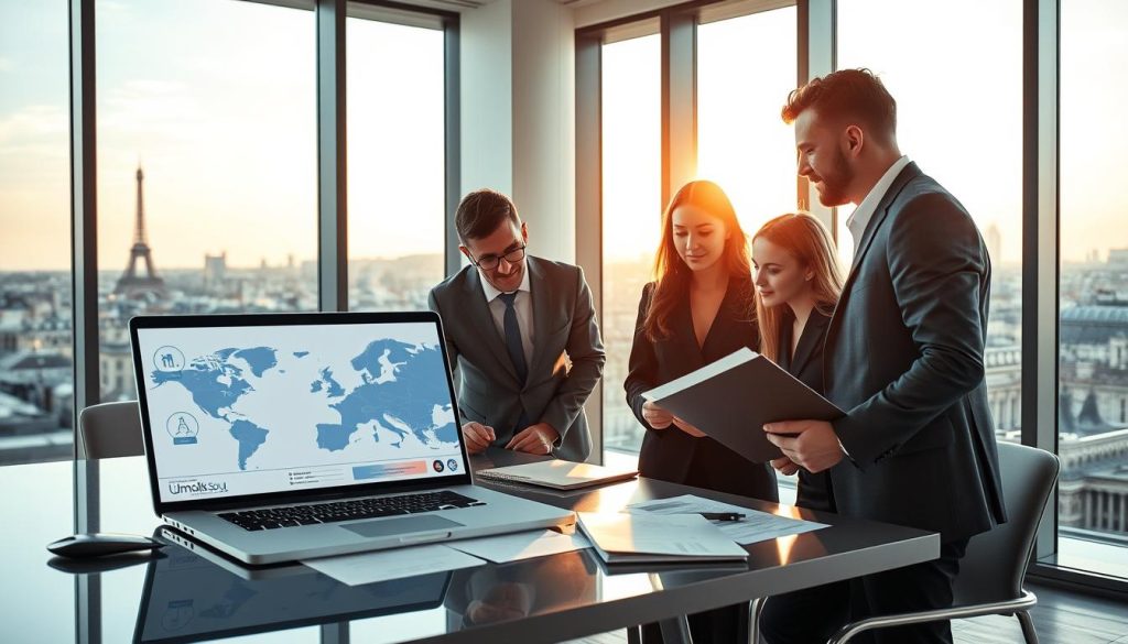 A professional business setting illustrating the concept of international eligibility checks for portage salarial. In the foreground, depict a diverse group of professionals in business attire—two men and two women—engaged in discussion around a modern conference table, reviewing documents with graphs and charts. In the middle ground, display a laptop with a digital map of Europe and icons representing work authorization, visas, and cross-border regulations. The background features large windows; the cityscape skyline of Paris can be seen, bathed in warm, natural lighting from a late afternoon sun, creating a collaborative and optimistic atmosphere. Include the brand name "Umalis Group" subtly in the design elements, such as on a folder or document, ensuring it blends seamlessly into the professional context without dominating the scene.